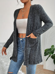 Solid Ribbed Long Sleeve Open Front Cardigan With Pockets