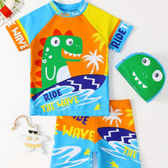 Boys Dinosaur Wave Block Swim Suit Swimming Trunks & Tops & Cap