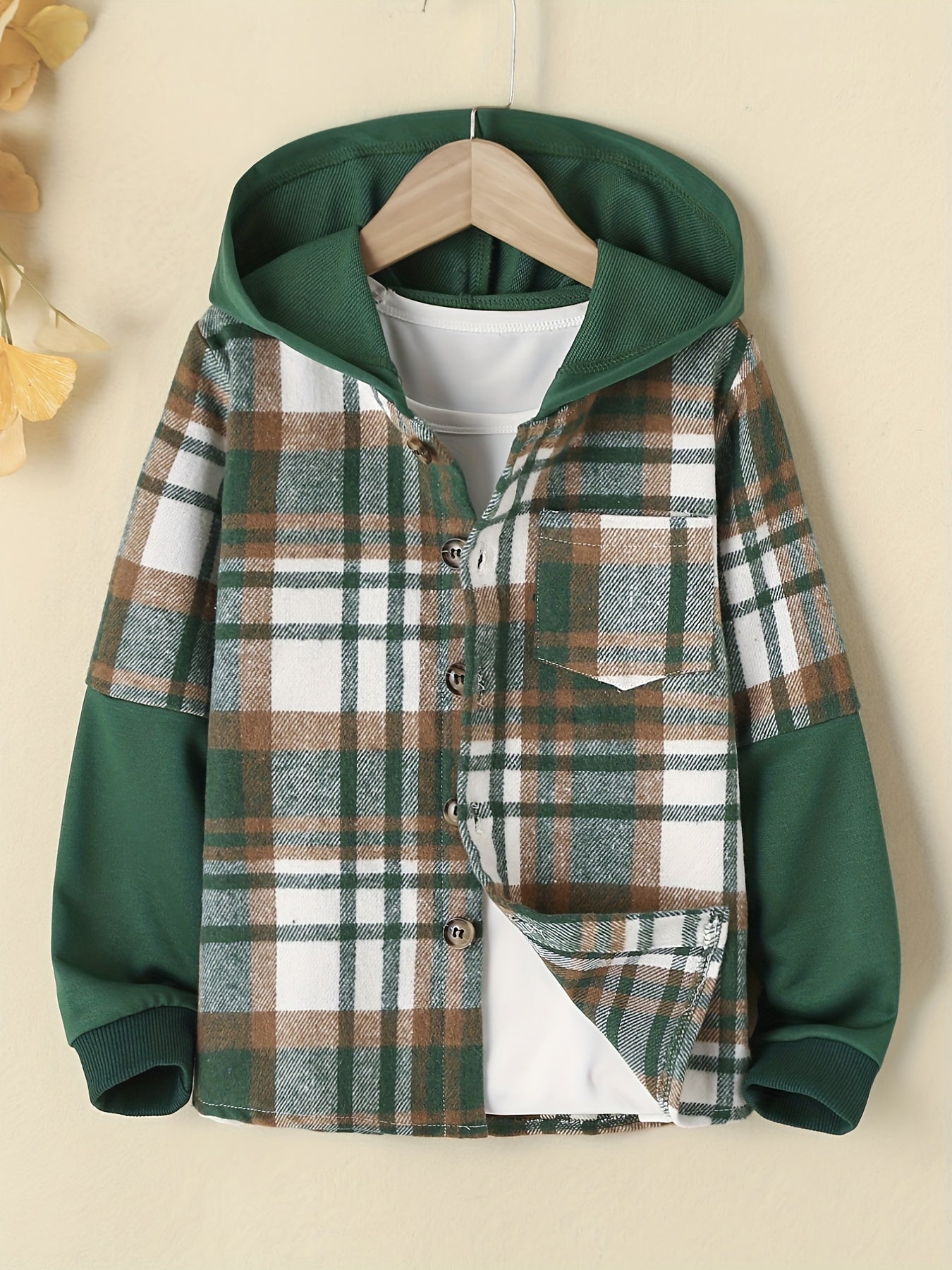 Boys Plaid Shirt Long Sleeve Button Down Hooded Top