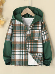 Boys Plaid Shirt Long Sleeve Button Down Hooded Top