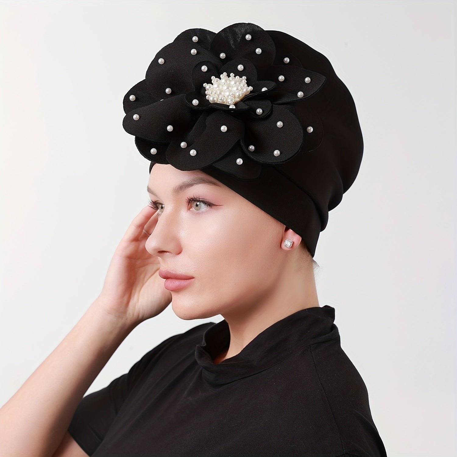French Turban Cap Faux Pearl Decor Plate Flower Head Wrap