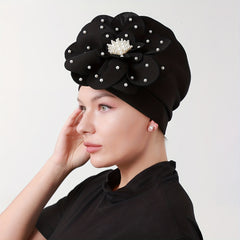 French Turban Cap Faux Pearl Decor Plate Flower Head Wrap
