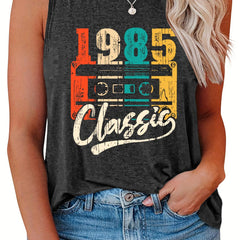 Casual Tank Top Women's Plus Radio Print Round Neck Slight Stretch