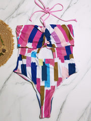 Graffiti Stripe Print Drawstring Halter Neck One Piece Swimsuit