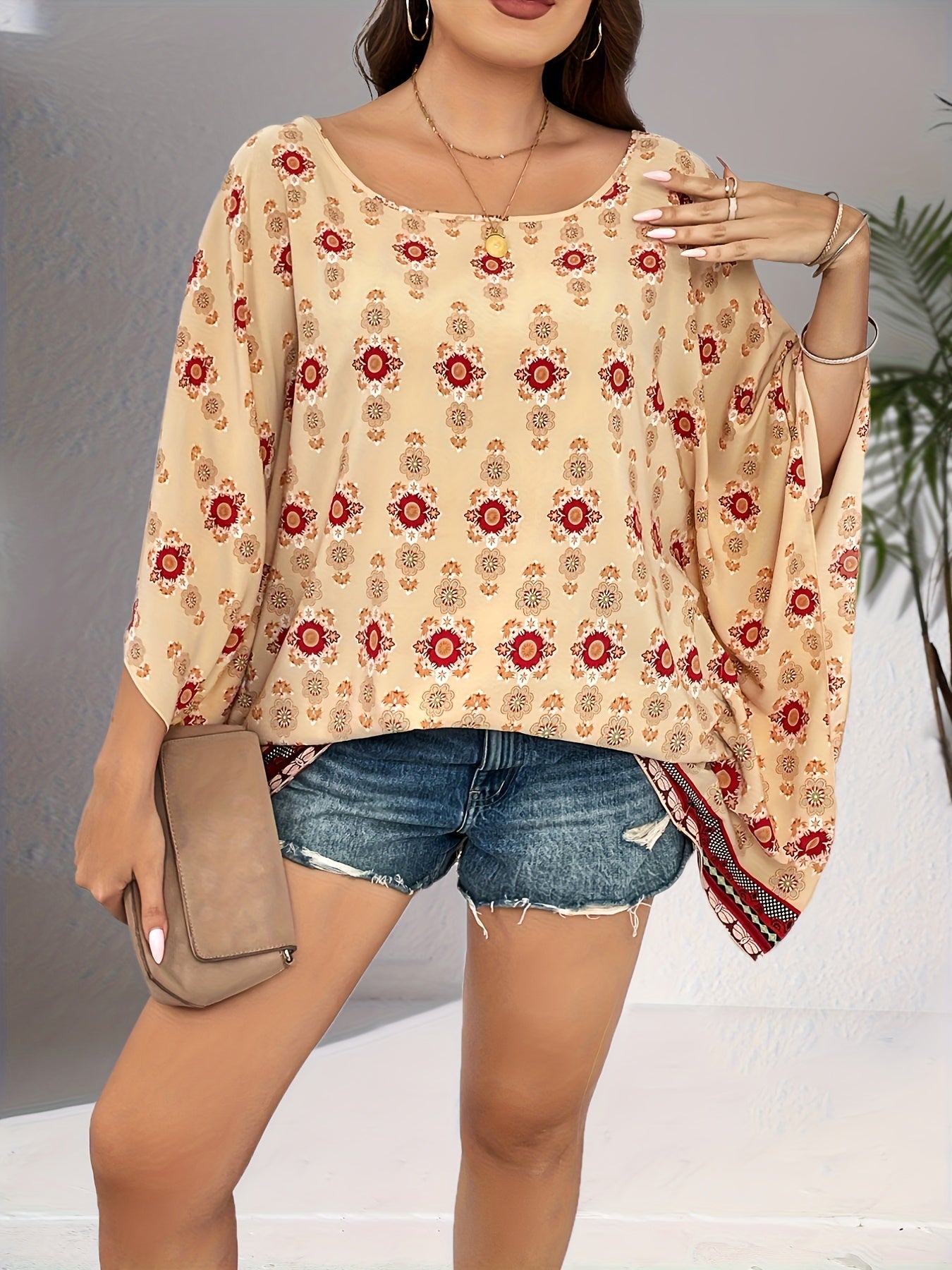 Boho Blouse Women's Plus Floral Print Bat Sleeve Round Neck Cover Up