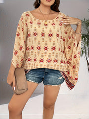 Boho Blouse Women's Plus Floral Print Bat Sleeve Round Neck Cover Up