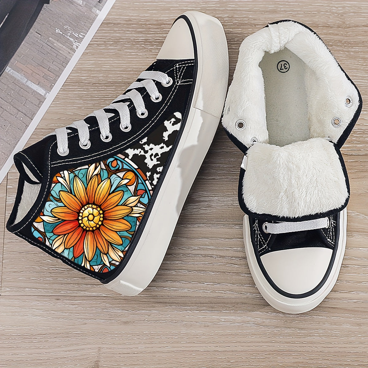 Flower Print Chunky Canvas Sneakers Plush Lined Thermal