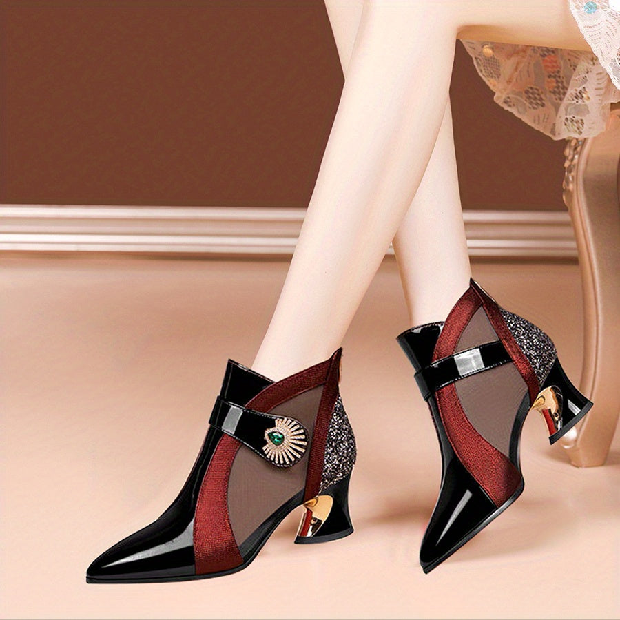 Rhinestone Chunky Heel Mesh Short Boots Pointed Toe Pumps