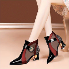 Rhinestone Chunky Heel Mesh Short Boots Pointed Toe Pumps