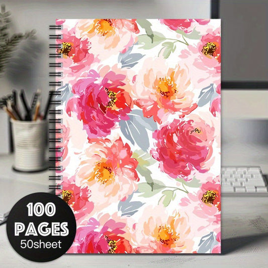 Watercolor Spiral Notebook Pink Peach Flower Lined Pages