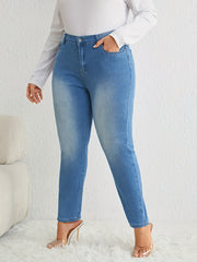 Solid Button Up Slim Fit Elastic Comfort Jeans