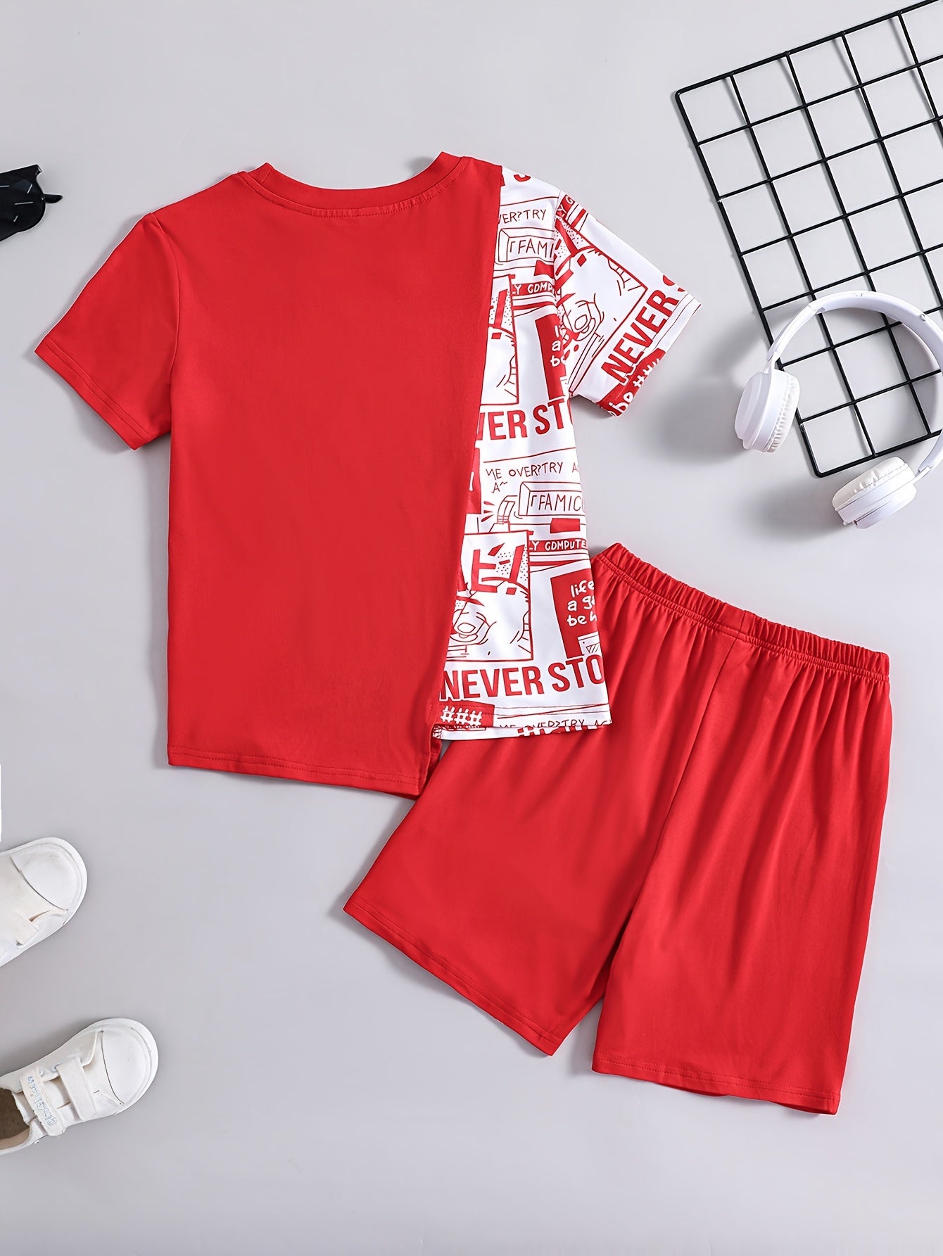 Boys Summer Casual Letter Spliced Outfit Short Sleeve Top & Shorts Set