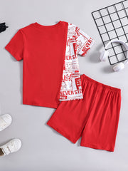 Boys Summer Casual Letter Spliced Outfit Short Sleeve Top & Shorts Set