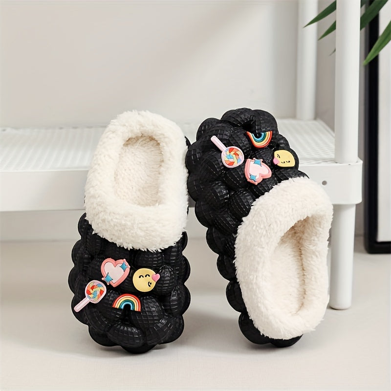 Girls' Fleece House Shoes with Cartoon Charms, Non Slip Soft Bottom