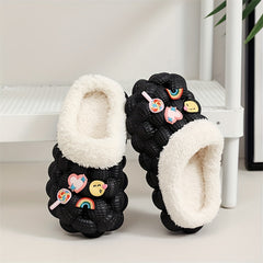 Girls' Fleece House Shoes with Cartoon Charms, Non Slip Soft Bottom