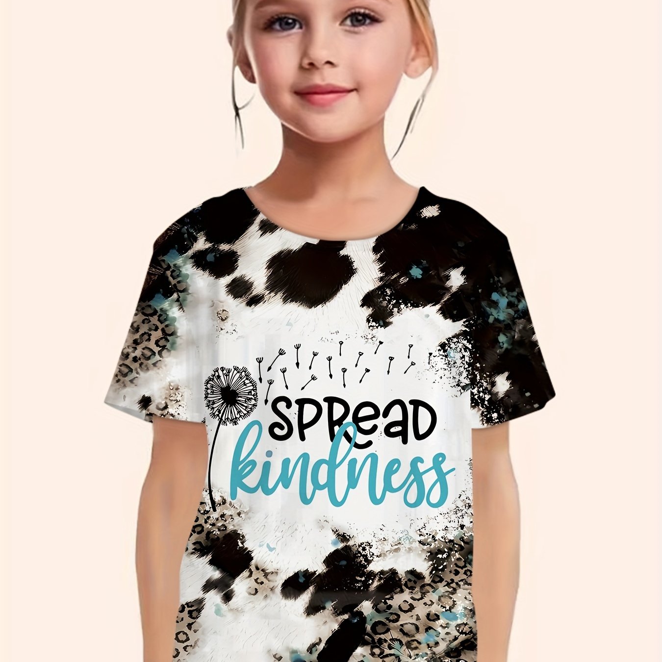 Girls Leopard Print T shirt Spread Kindness Short Sleeve Top