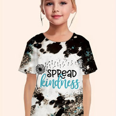 Girls Leopard Print T shirt Spread Kindness Short Sleeve Top