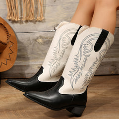 Women's Colorblock Western Boots Slip On Point Toe Chunky Heel Mid Calf