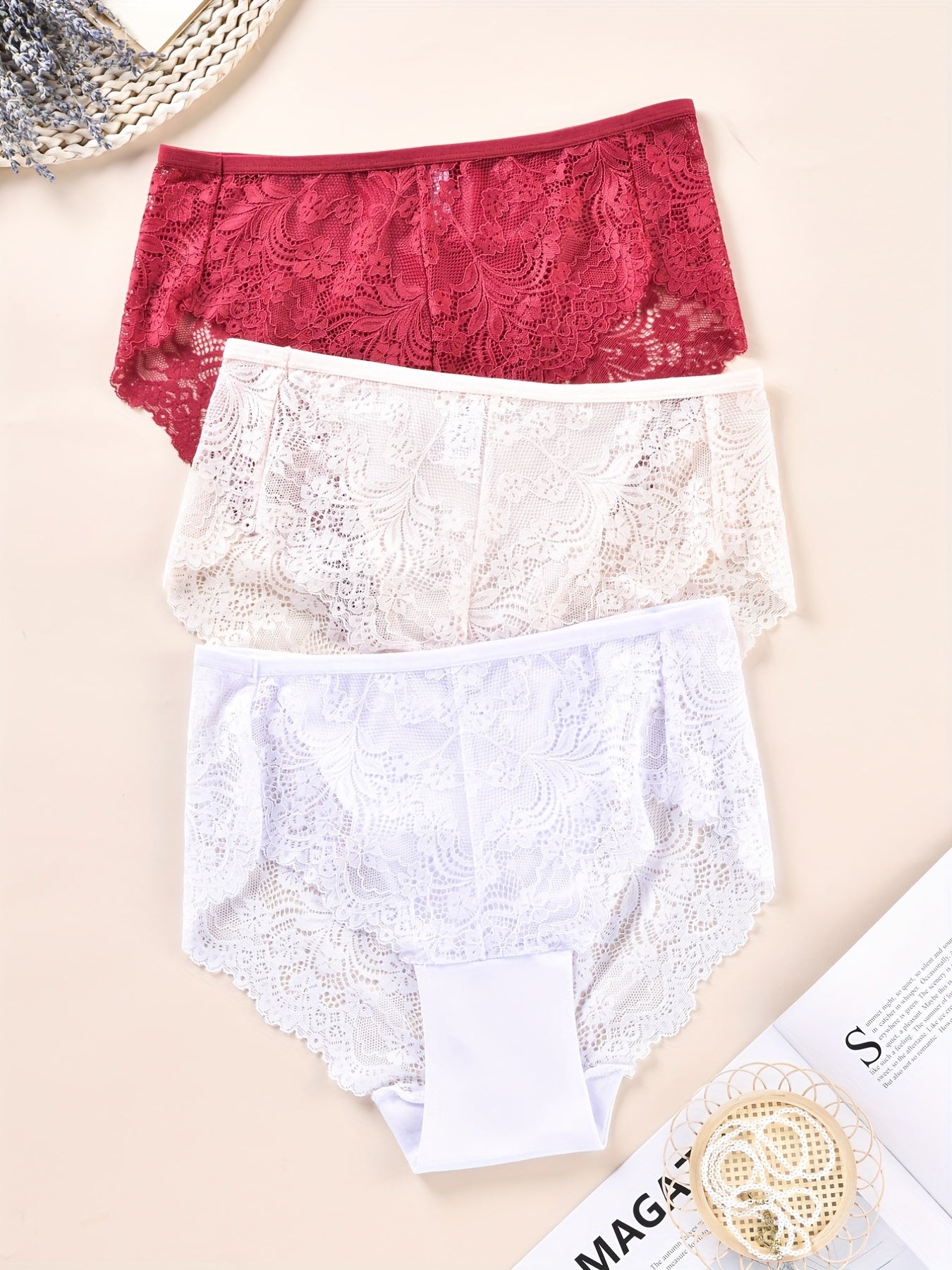 3pcs Lace Panel Bikini & High Waist Panties Set