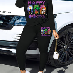 Halloween Casual Outfit Set Women's Plus Pumpkin & Skull Bottles Print