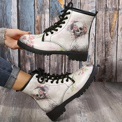 Women's Halloween Skull & Flower Combat Boots Lace Up Round Toe Flat Short Boots