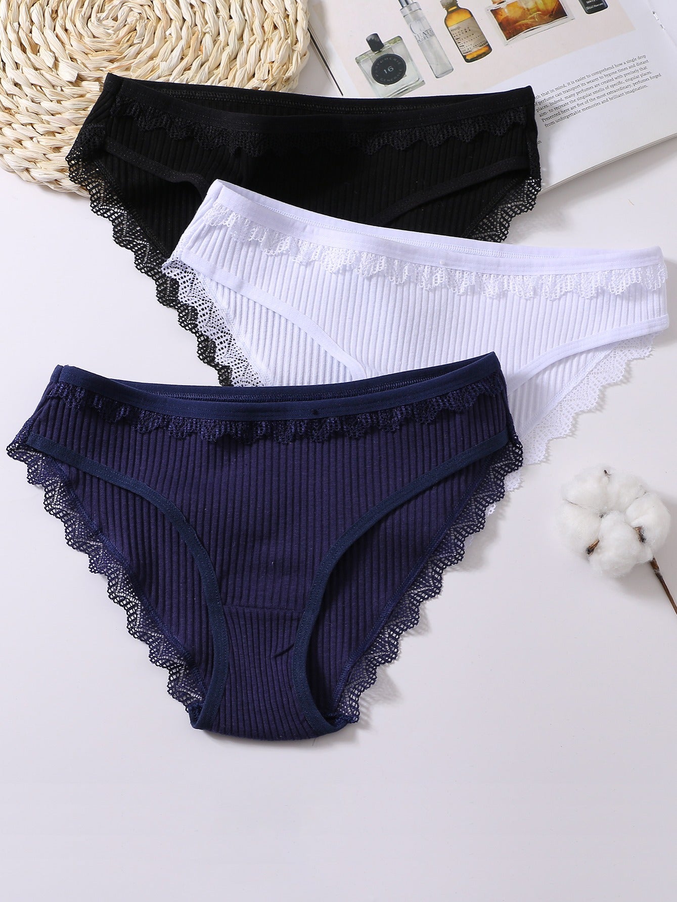 3pcs Lace Trim Ribbed Briefs Women's Comfy Intimates Panties