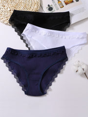3pcs Lace Trim Ribbed Briefs Women's Comfy Intimates Panties