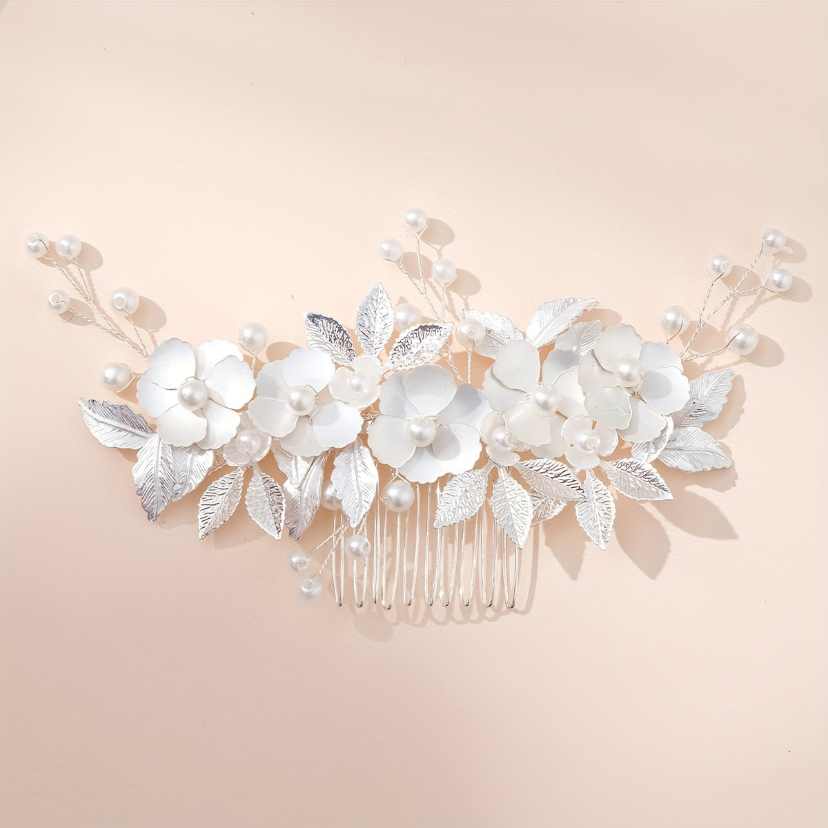 Pearl Flower Hair Comb Golden Leaf Headpiece