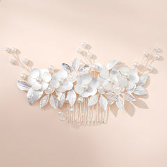 Pearl Flower Hair Comb Golden Leaf Headpiece
