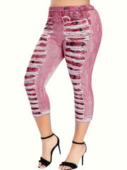 Women's Ripped Denim Print Leggings High Waist Yoga Pants