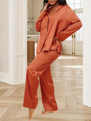 Satin Pajama Set Long Sleeve Button Top & Pants