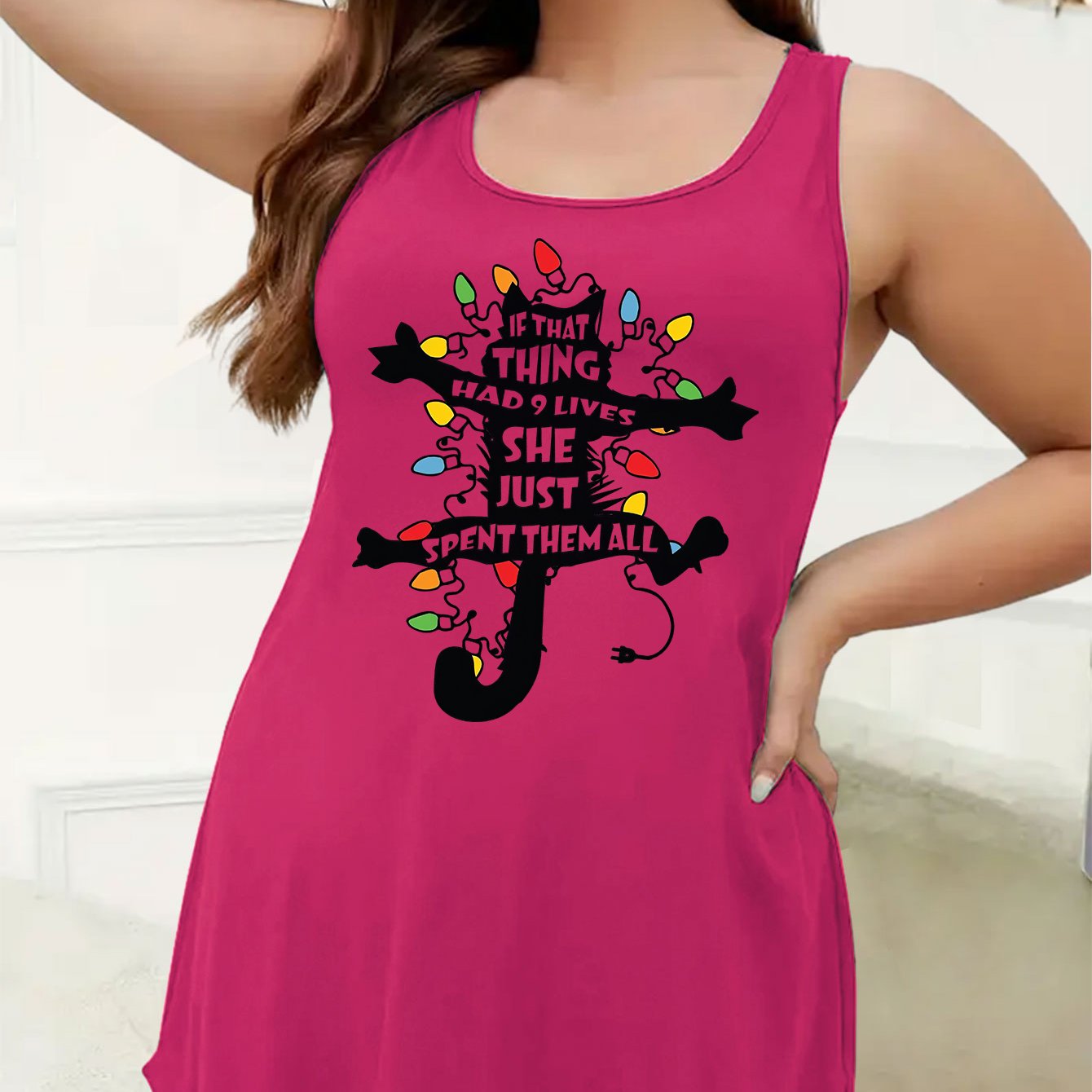 Christmas Nightdress Women's Plus Funny Cat & Slogan Print