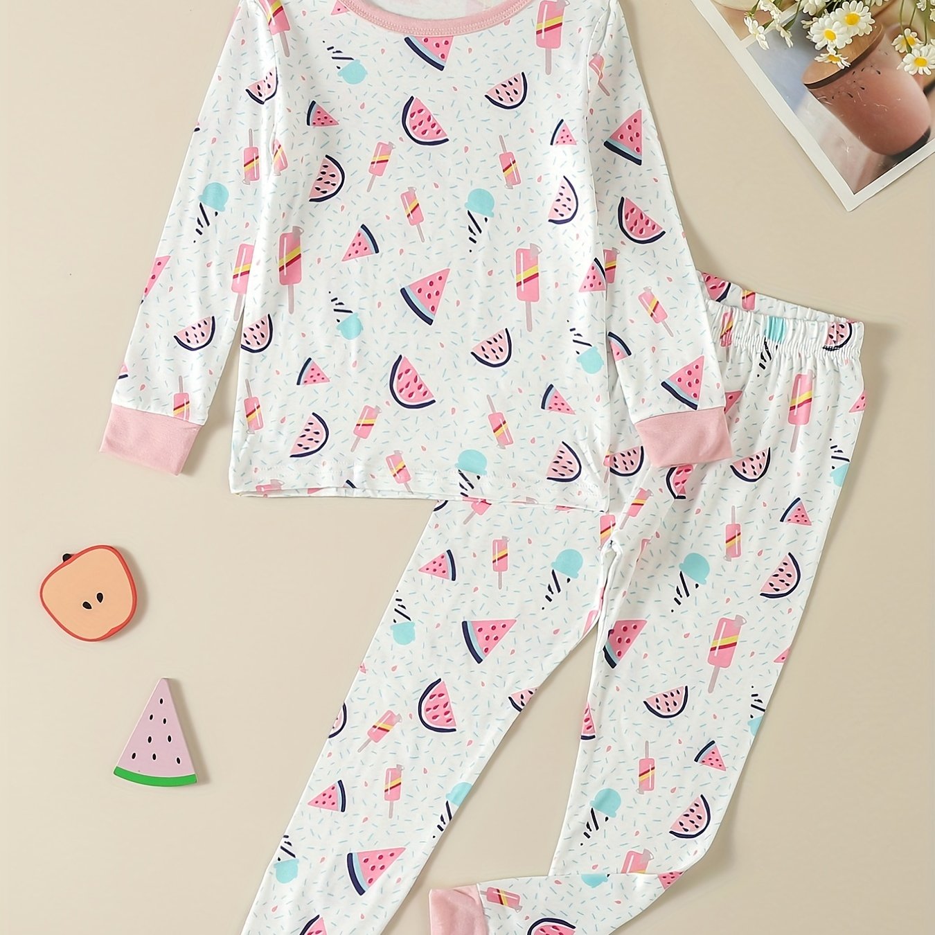 2Pcs Toddler Girls Watermelon Pajama Set Long Sleeve Top & Pants