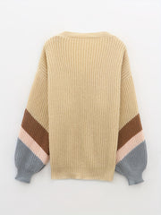 Striped Lantern Sleeve V Neck Sweater
