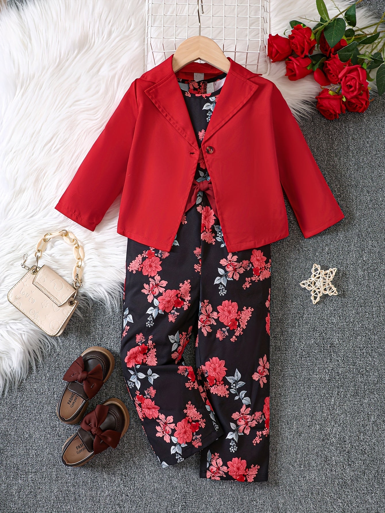 Girl's Blazer & Floral Overalls Set for Spring Summer