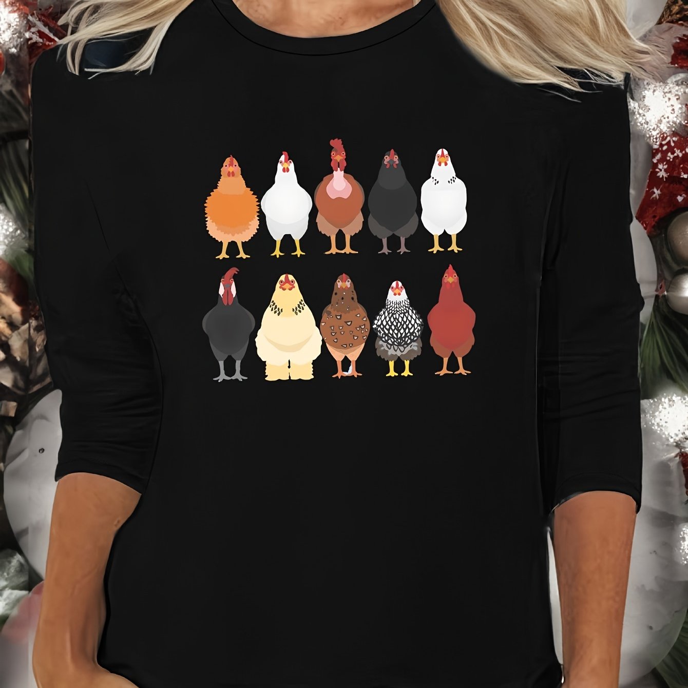 Chicken Print Lounge Top Long Sleeve Crew Neck Women's Sleepwear