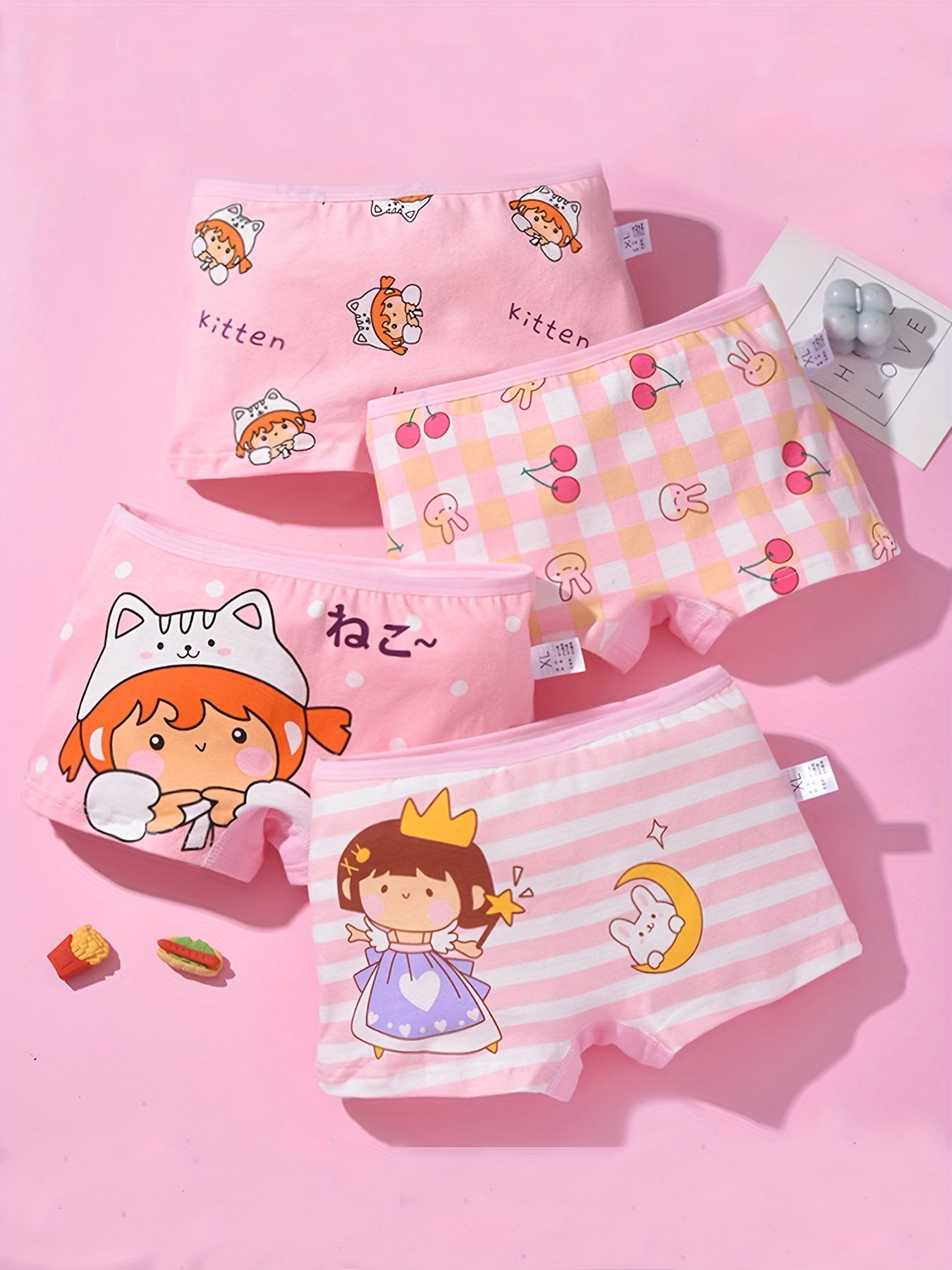 4pcs Cartoon Girl Print Boxer Briefs for Kids