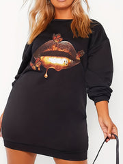 Casual Dress Red Lip & Butterfly Print Sweatshirt Dress