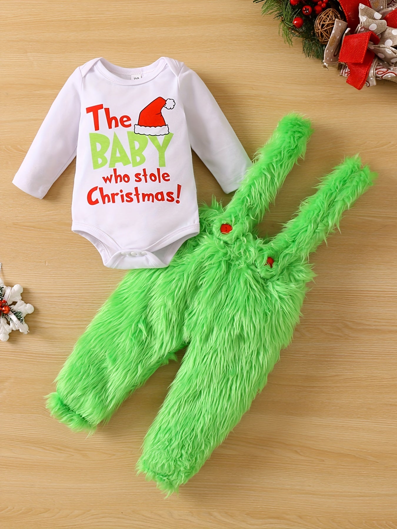 Baby Christmas Outfit Funny Graphic Romper Green Fuzzy Suspender Pants Set