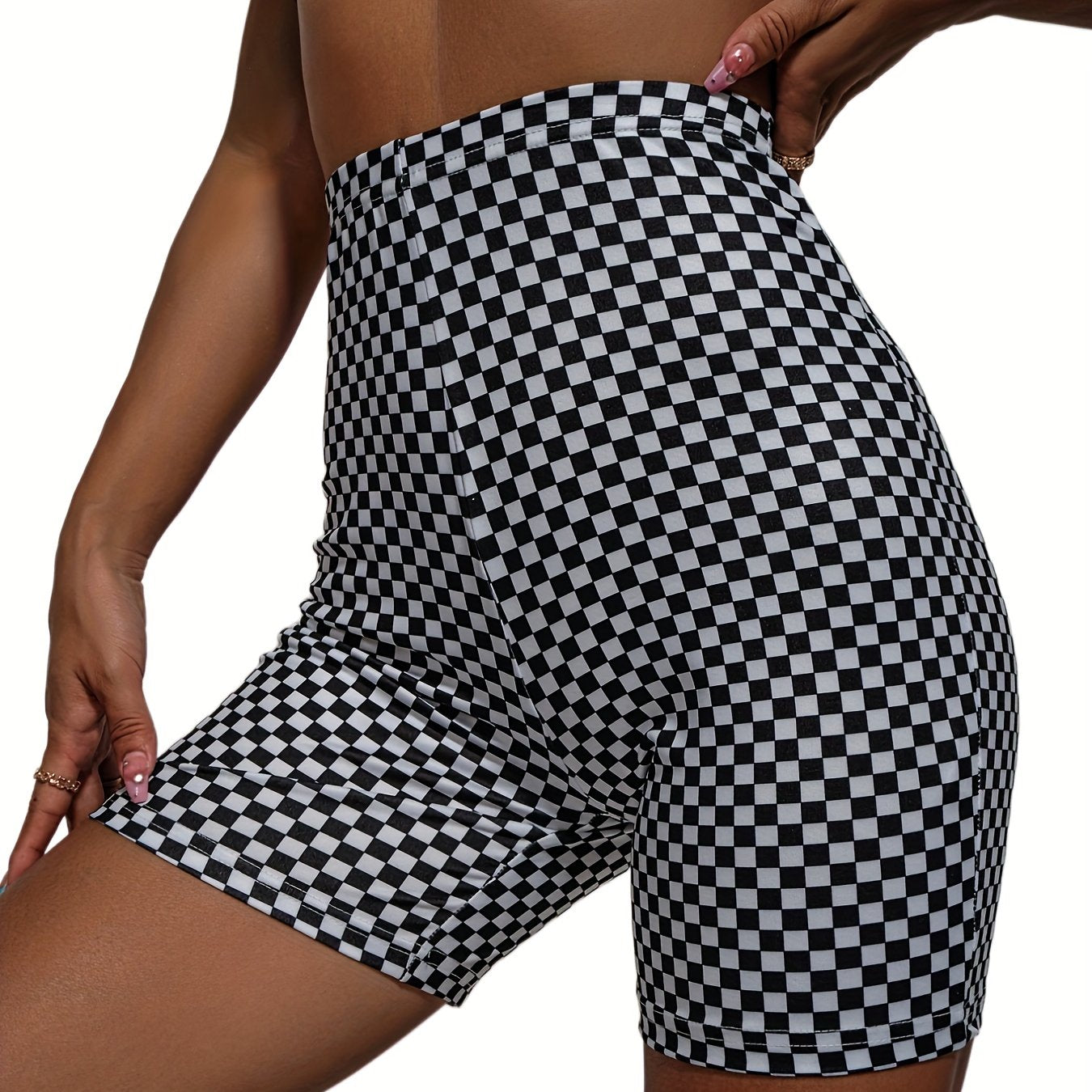 Checkerboard Print High Waist Slim Shorts Women's Clothing