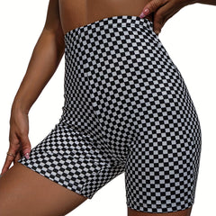 Checkerboard Print High Waist Slim Shorts Women's Clothing