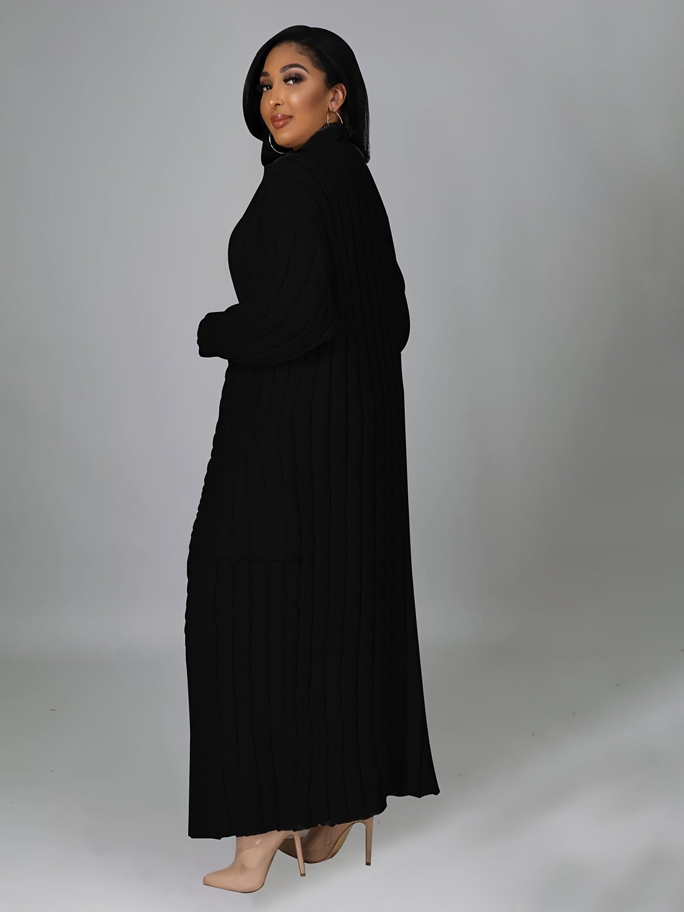 Solid Jacquard Longline Cardigan Women's Plus Stretch Sweater