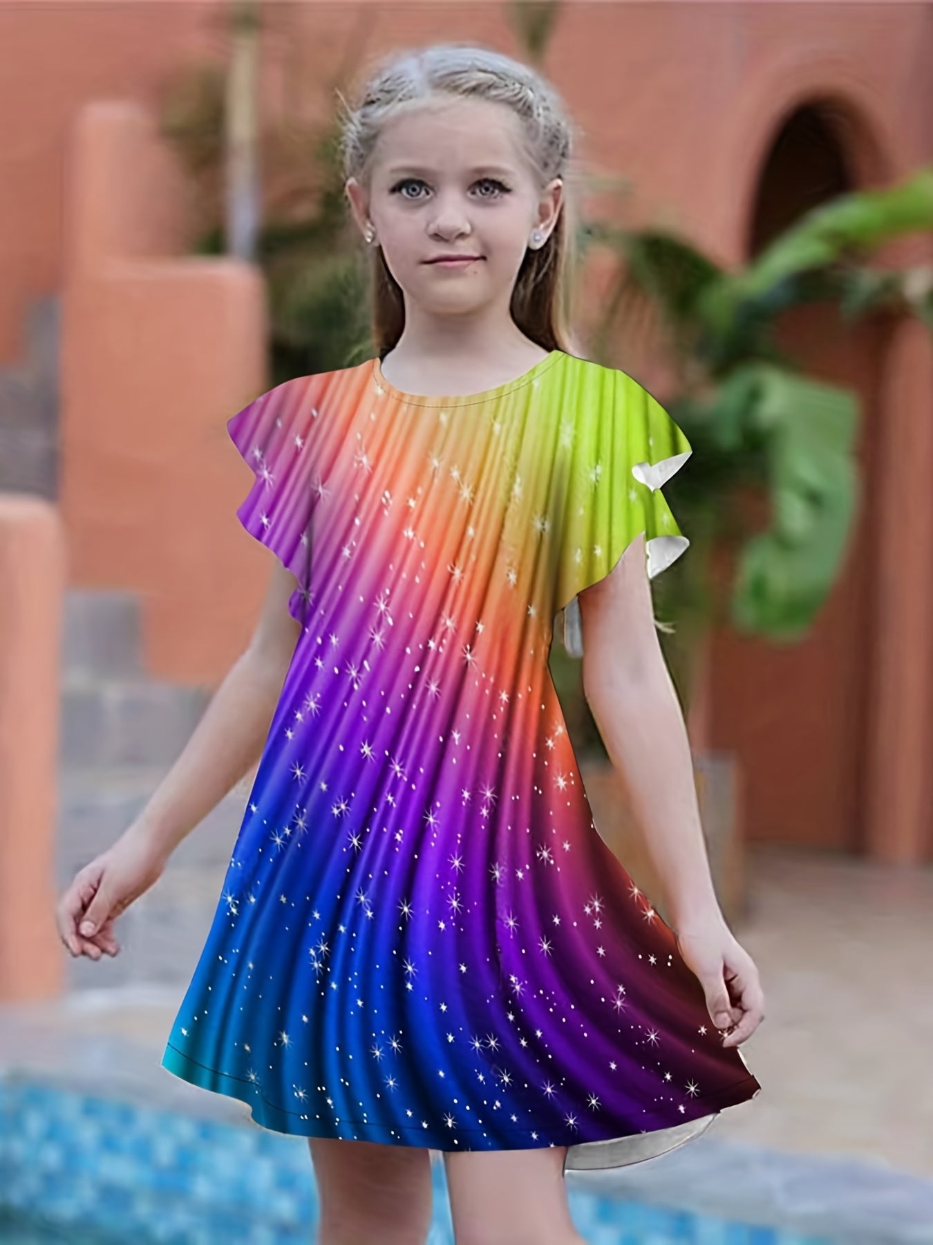 Girls Rainbow Flutter Trim Dress