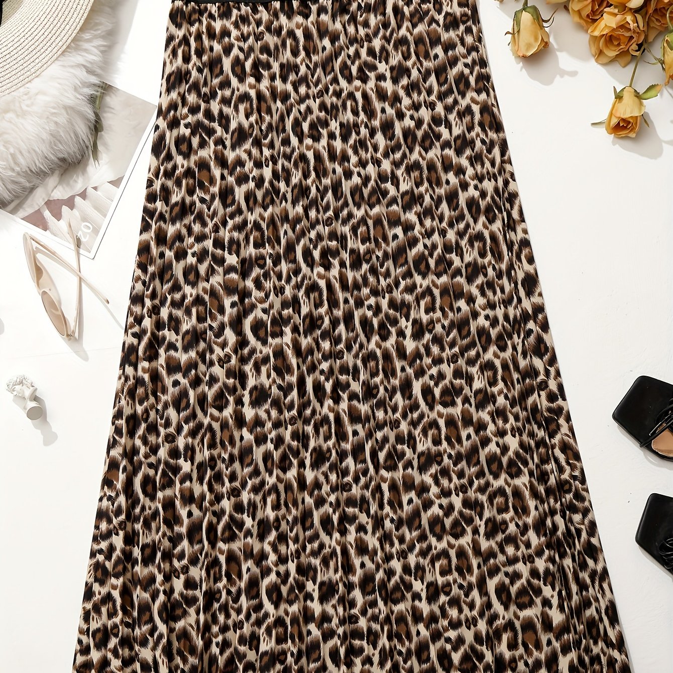 Leopard Print Elastic Waist A-line Pleated Skirt