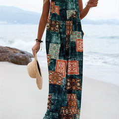 Hippie Patchwork Overall Jumpsuit Boho Sleeveless Wide Leg Jumpsuit