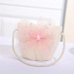 Bow Decor Zipper Coin Purse Key Bag Straw Woven Crossbody Bag