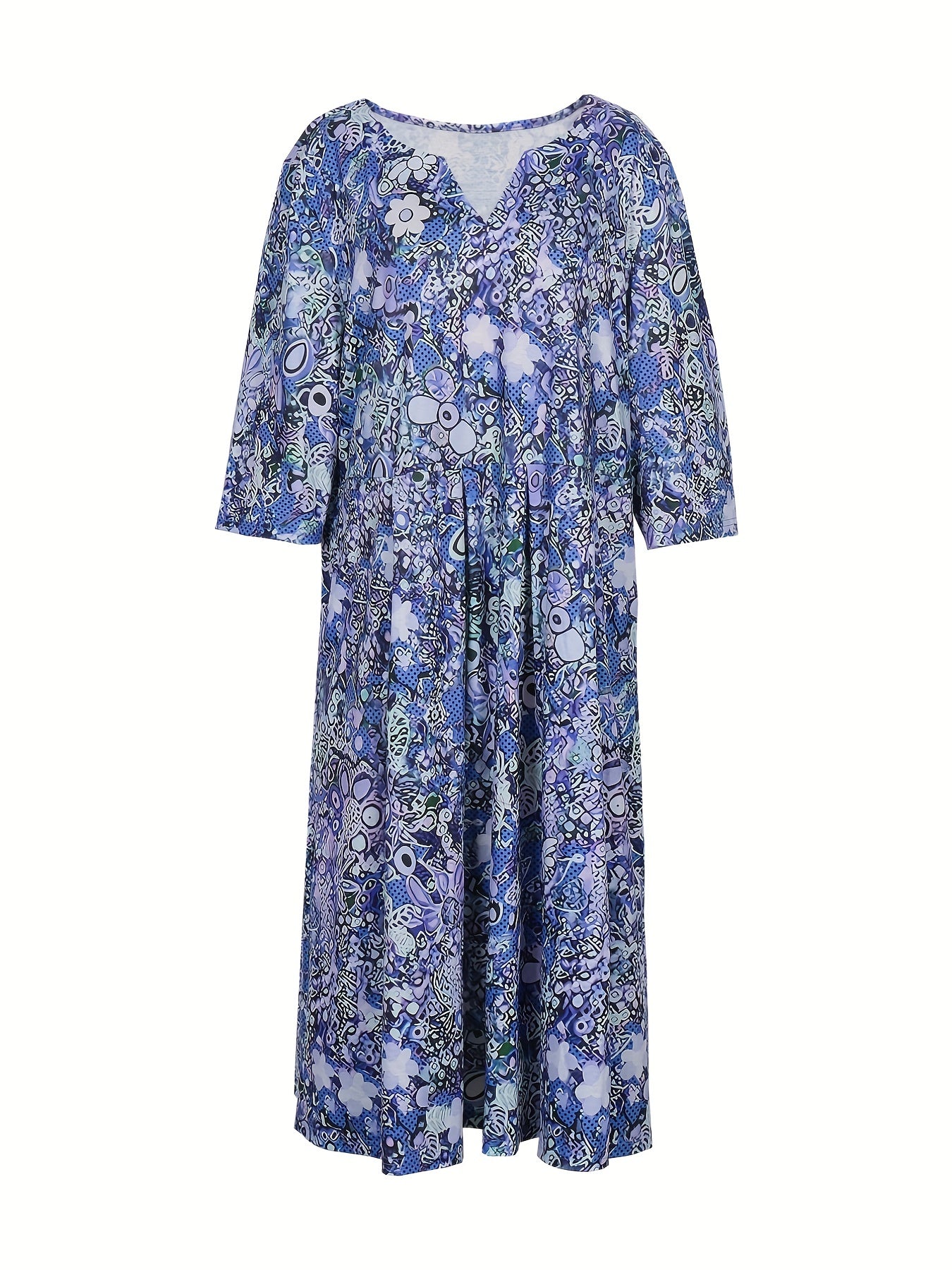Allover Floral Print Short Sleeve Notched Neck Dress With Pockets