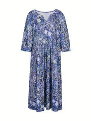 Allover Floral Print Short Sleeve Notched Neck Dress With Pockets