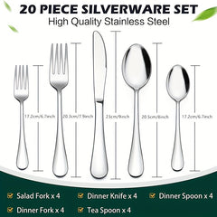 20-Piece Stainless Steel Tableware Set for 4 Persons, Mirror Polishing