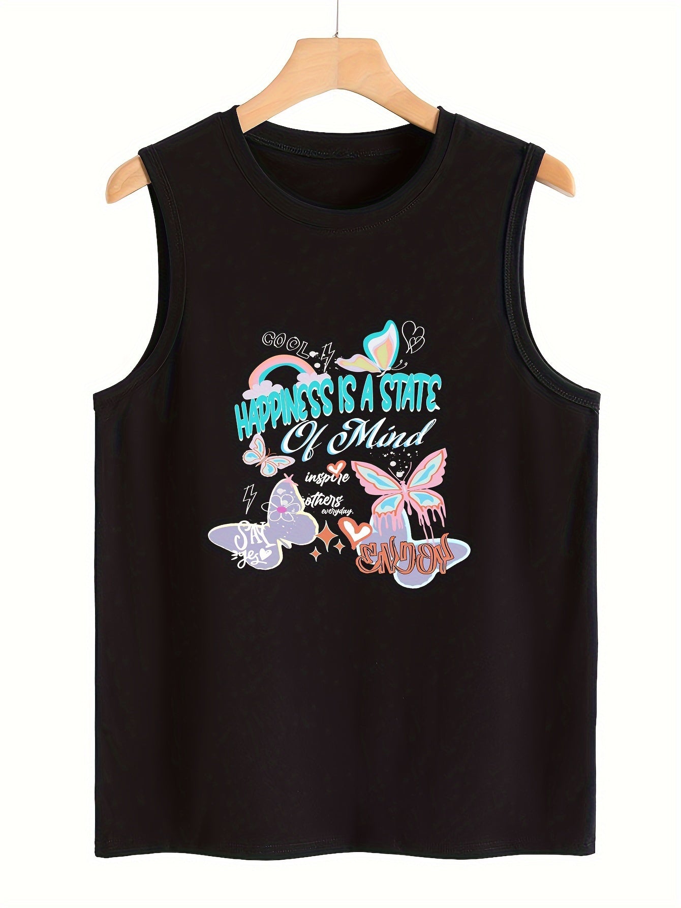 Butterfly & Letter Print Sleeveless Sports Vest Round Neck Stretchy Casual Tops